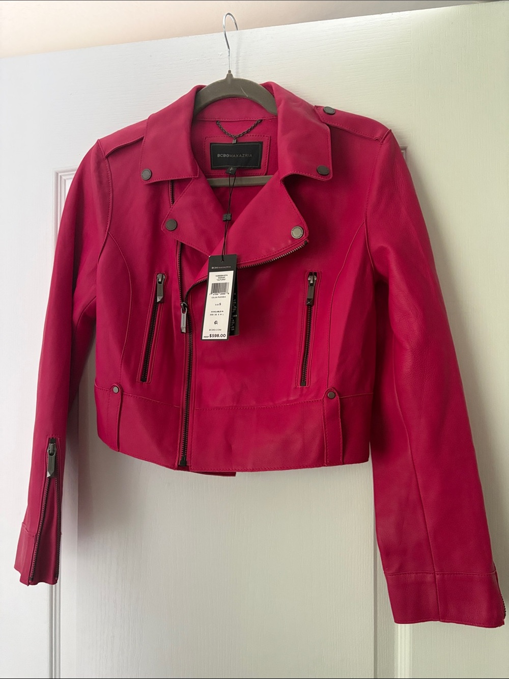NWT BCBGMaxAzria Fuchsia Leather Moto Jacket. Sz S